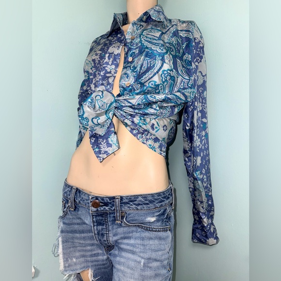 💫STUNNING Vintage 90s Y2K Blue Floral Paisley Silk Long Sleeve Button Down Shirt - Picture 7 of 10